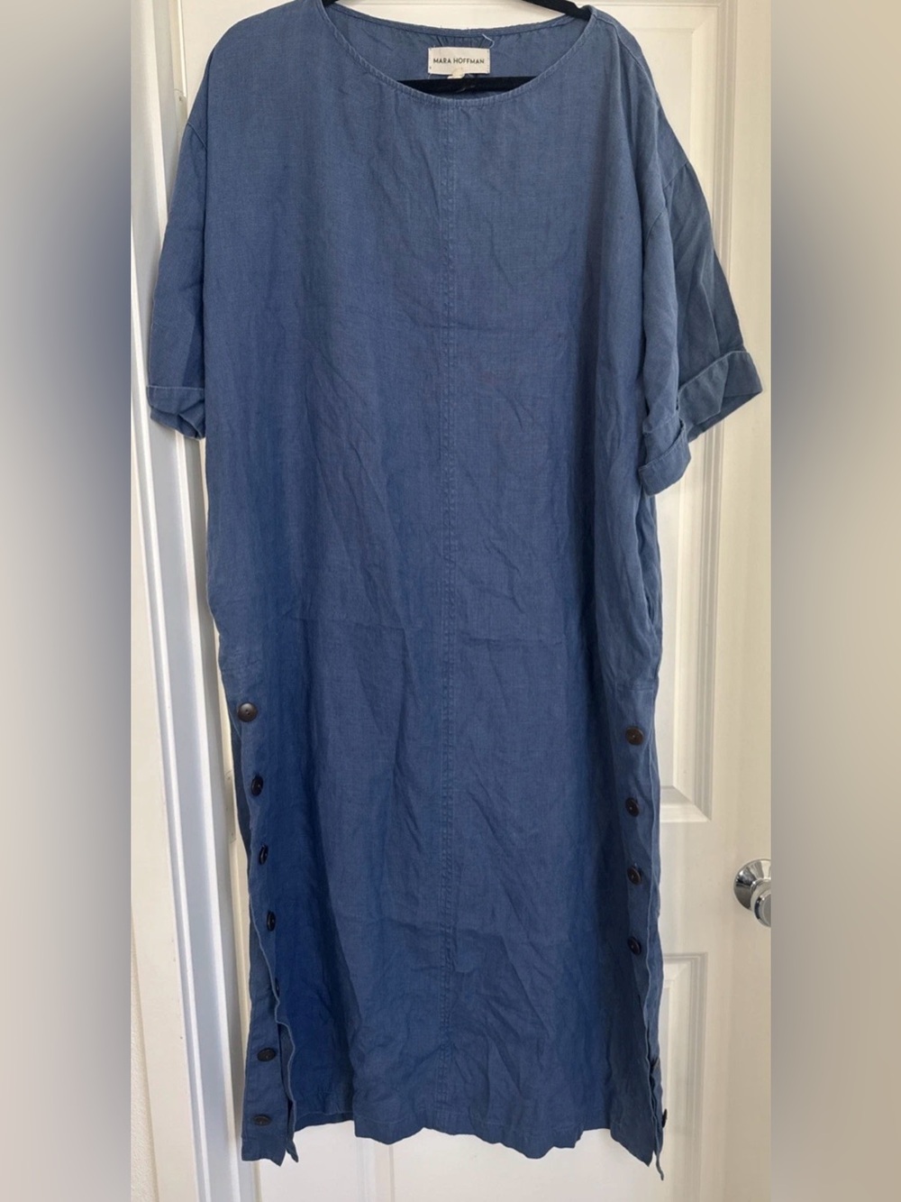 MARA HOFFMAN Blue Hemp Linen Maxi Dress Pockets Lagenlook Button Side Closure XL